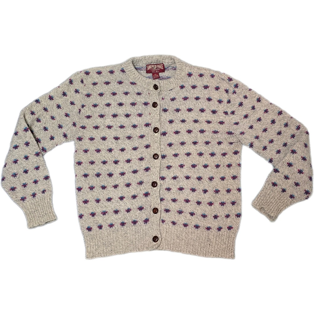 American Eagle Cardigan Women Large Gray Vintage Wool Blend Fair Isle USA 90's